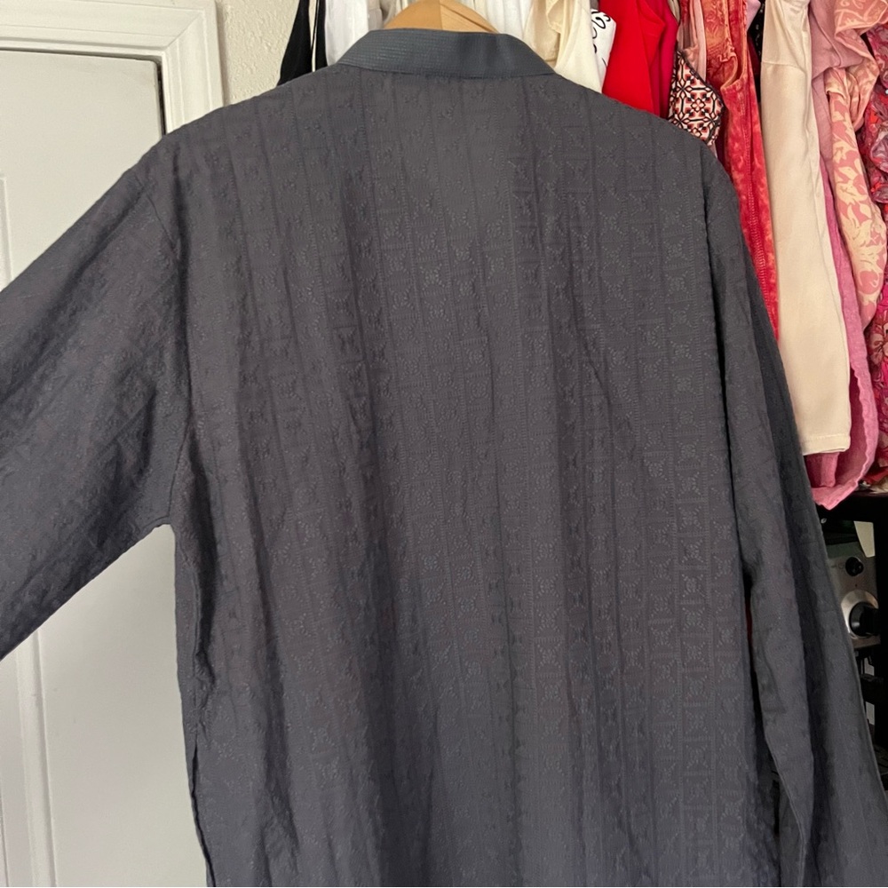 KALKI grey embroidered mandarin collar long sleeve tunic shirt midi dress - Picture 7 of 8